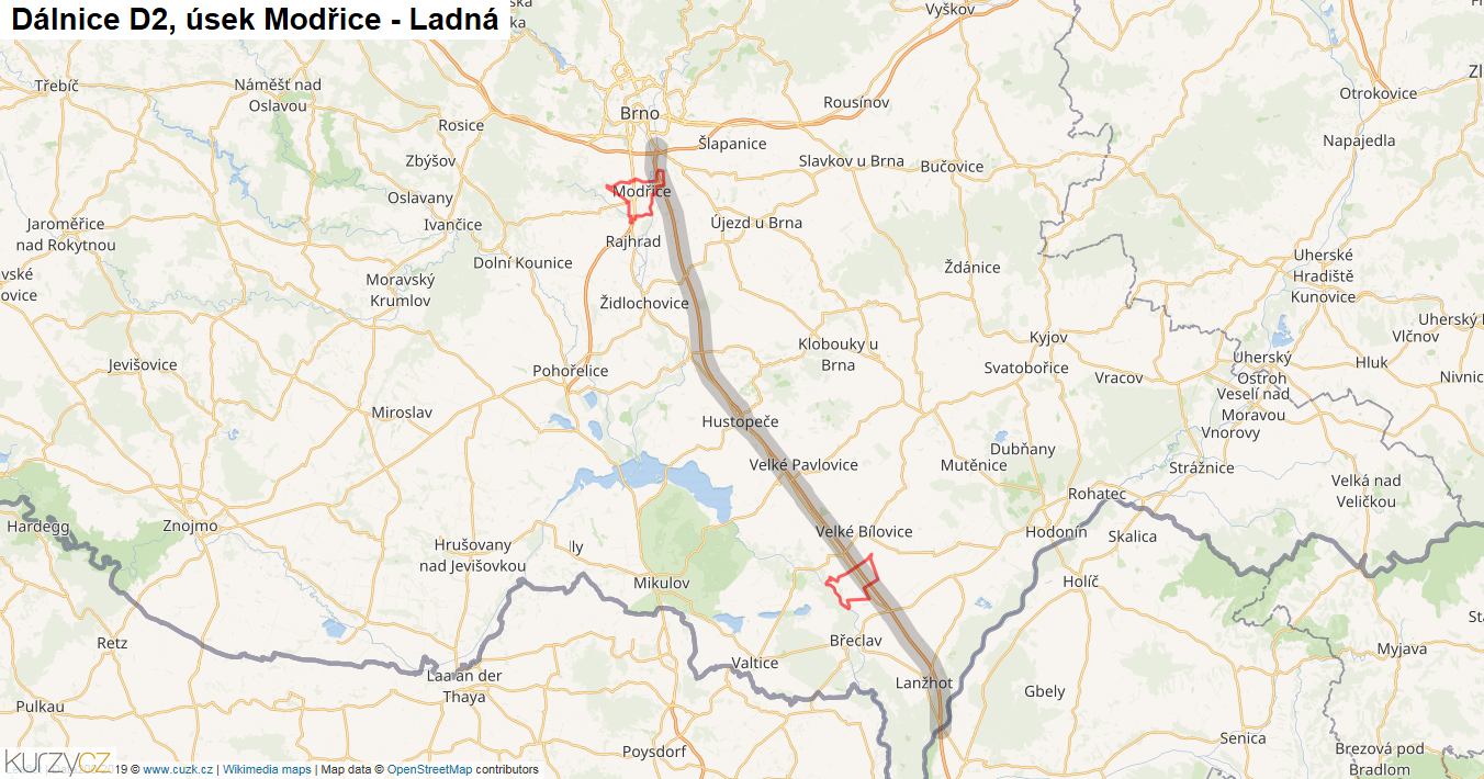 Úsek Modřice - Ladná, Dálnice D2 - Mapa