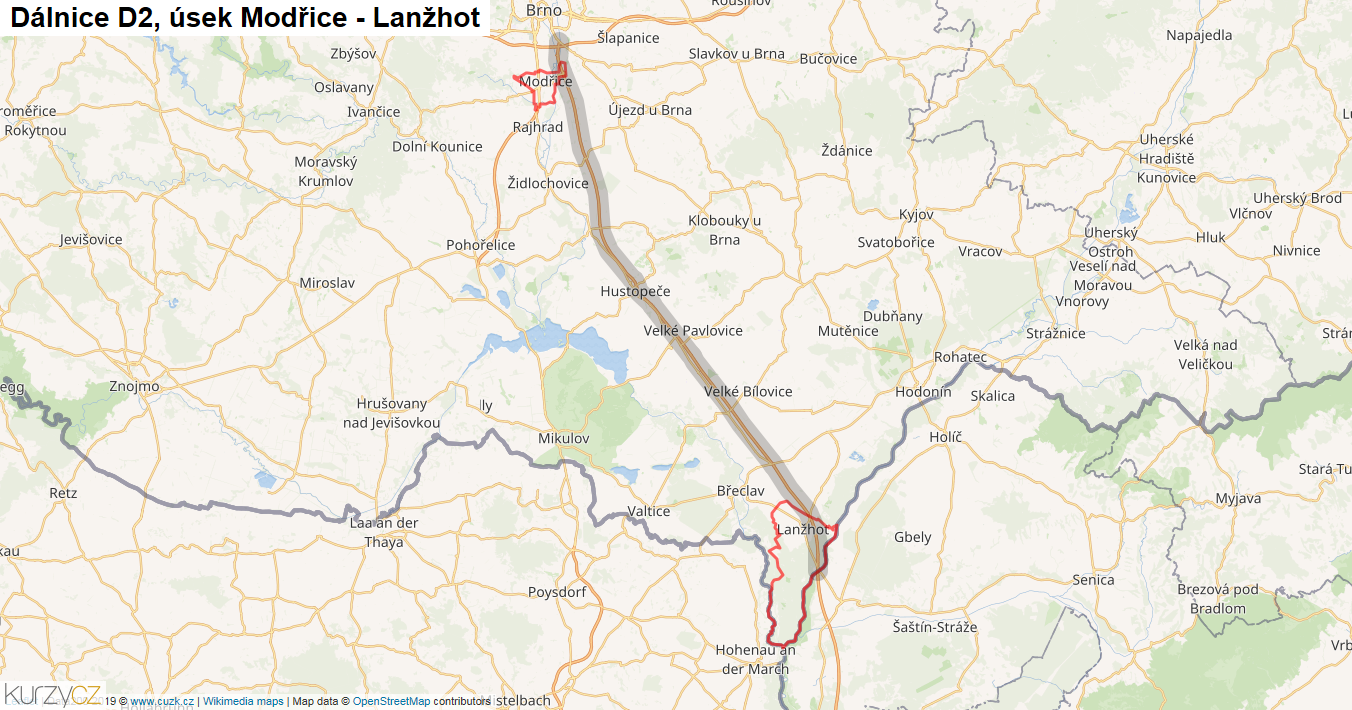 Úsek Modřice - Lanžhot, Dálnice D2 - Mapa