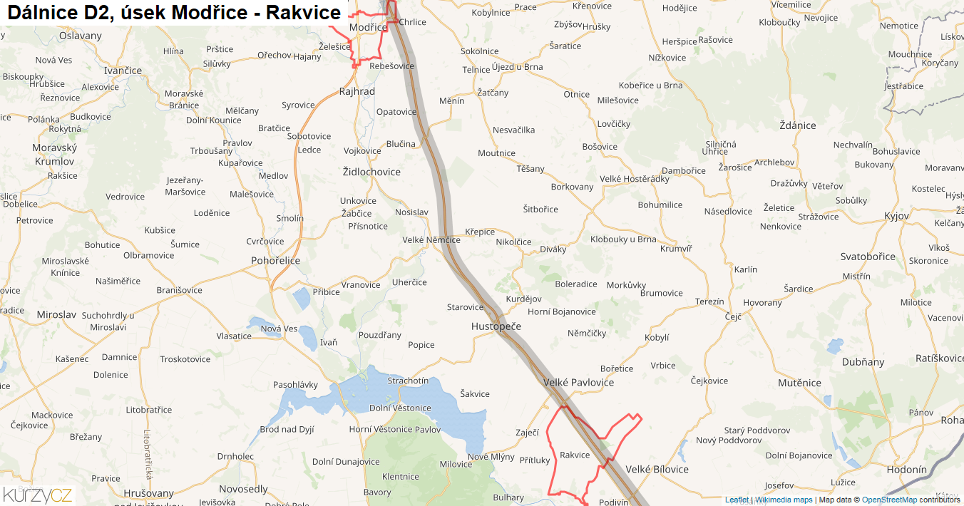 Úsek Modřice - Rakvice, Dálnice D2 - Mapa