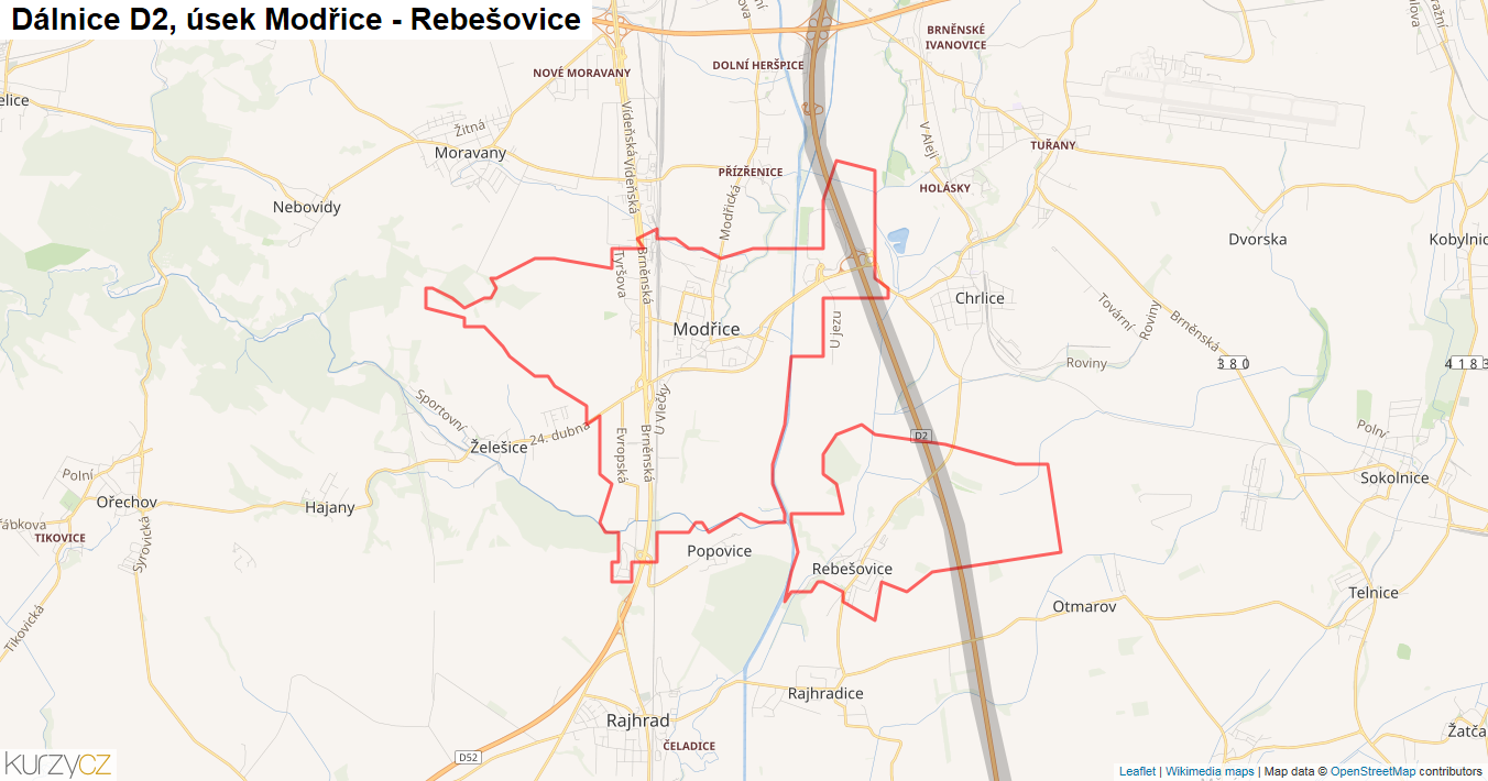 Úsek Modřice - Rebešovice, Dálnice D2 - Mapa