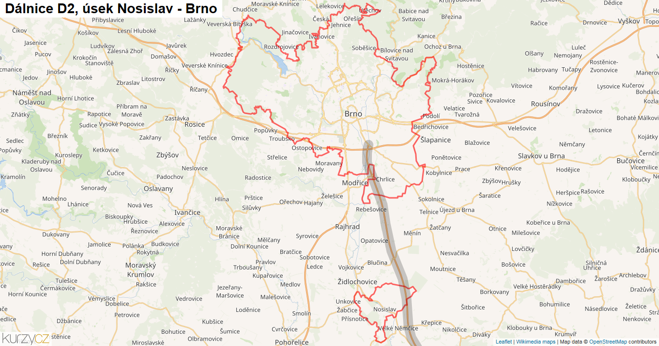 Úsek Nosislav - Brno, Dálnice D2 - Mapa