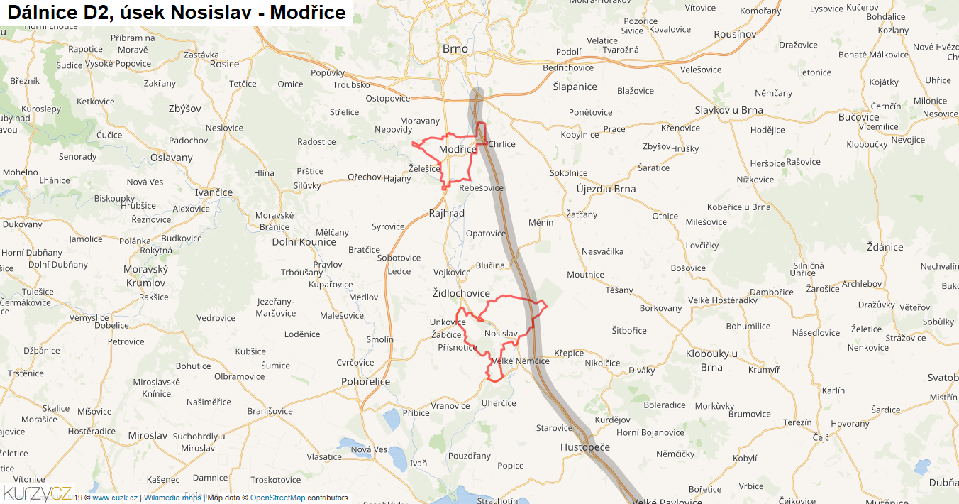 Úsek Nosislav - Modřice, Dálnice D2 - Mapa
