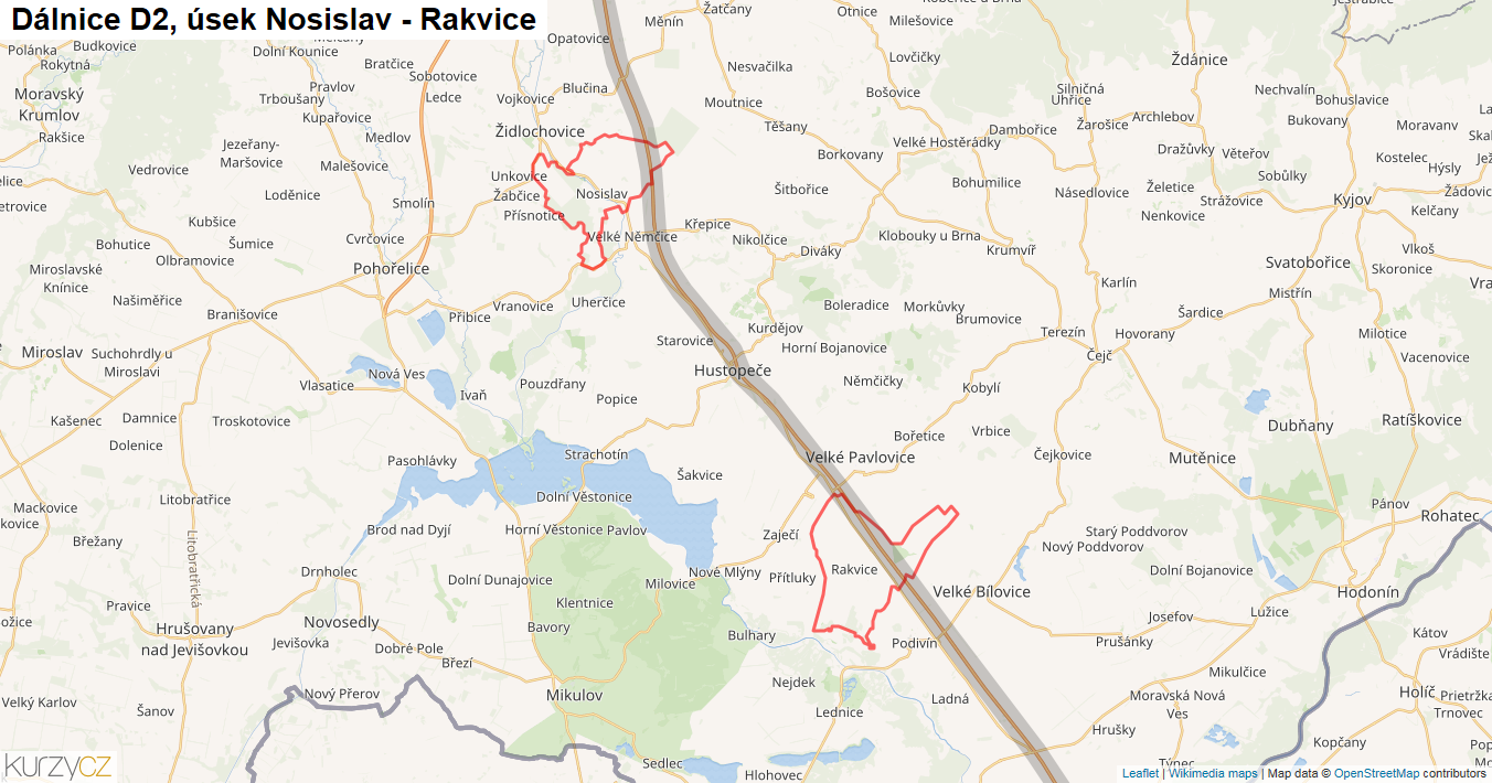 Úsek Nosislav - Rakvice, Dálnice D2 - Mapa