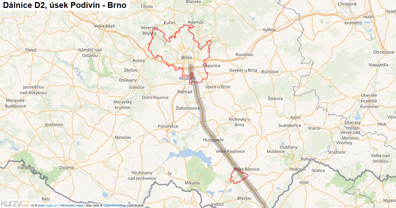 Úsek Podivín - Brno, Dálnice D2 - Mapa