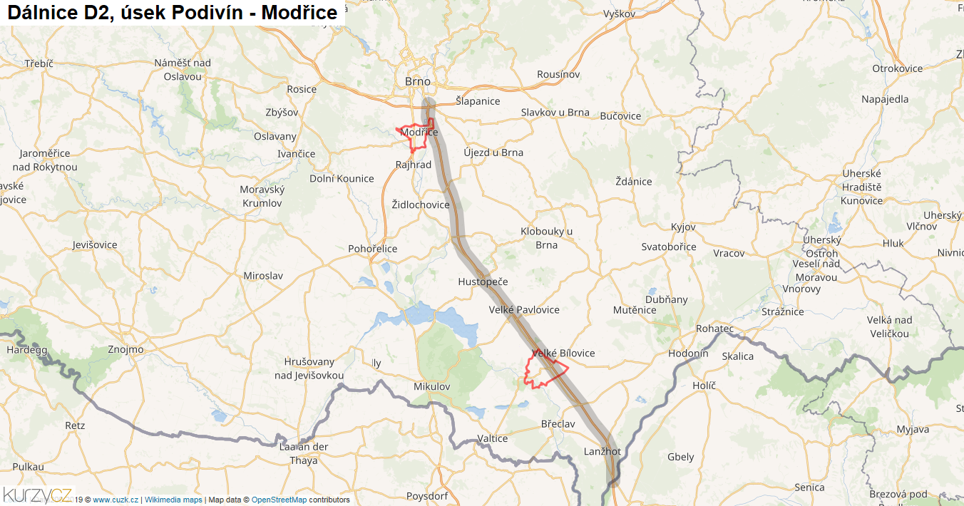 Úsek Podivín - Modřice, Dálnice D2 - Mapa