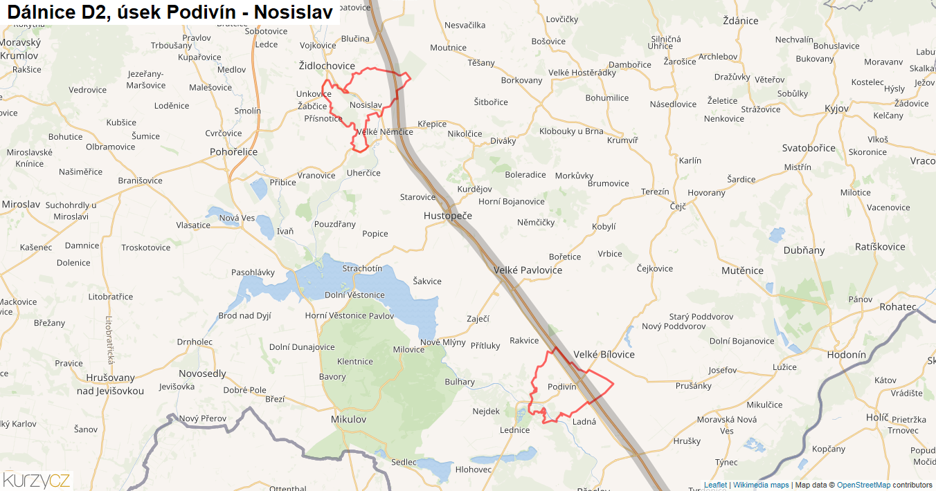 Úsek Podivín - Nosislav, Dálnice D2 - Mapa