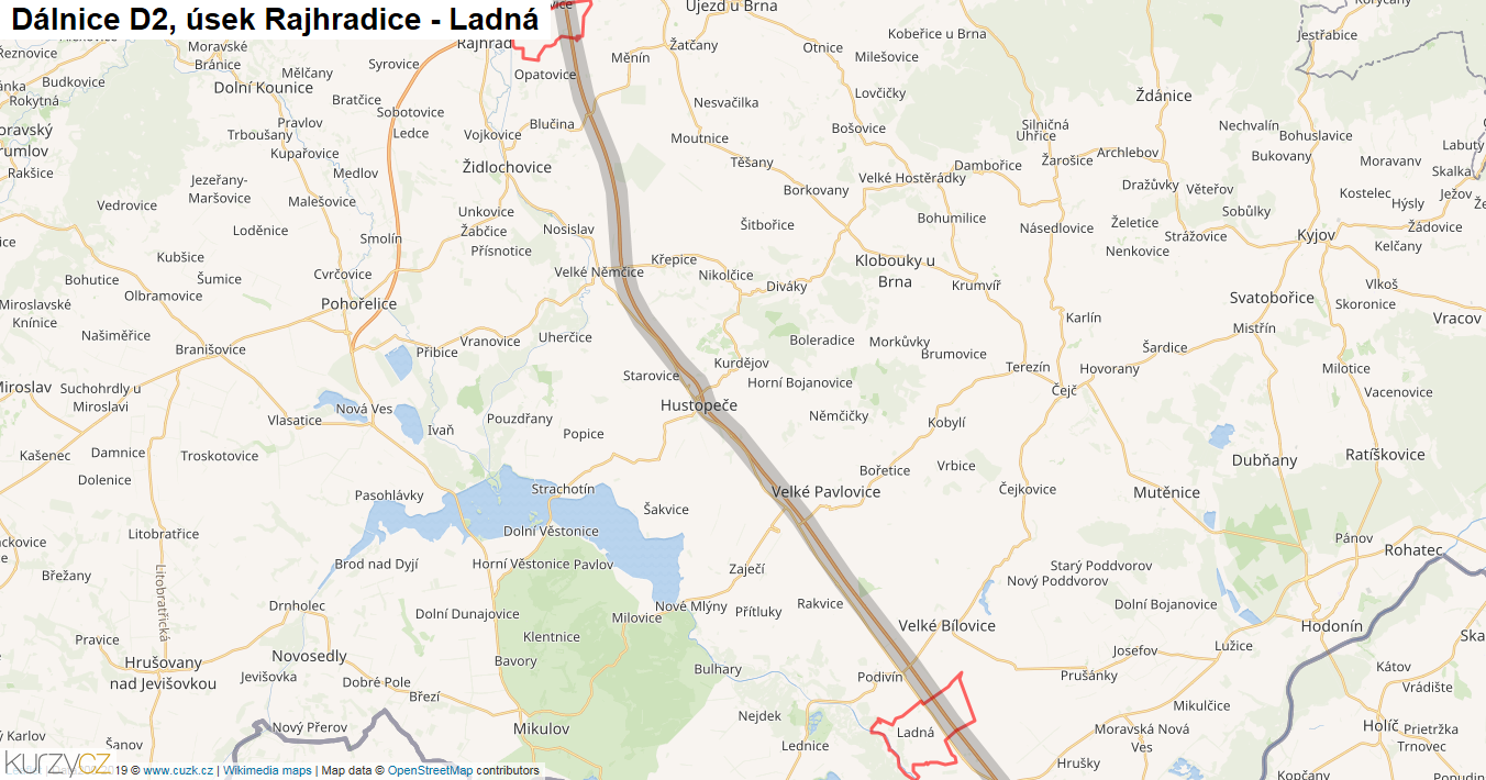 Úsek Rajhradice - Ladná, Dálnice D2 - Mapa