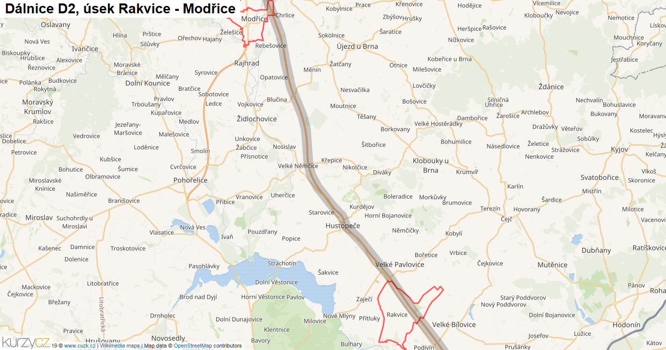 Úsek Rakvice - Modřice, Dálnice D2 - Mapa