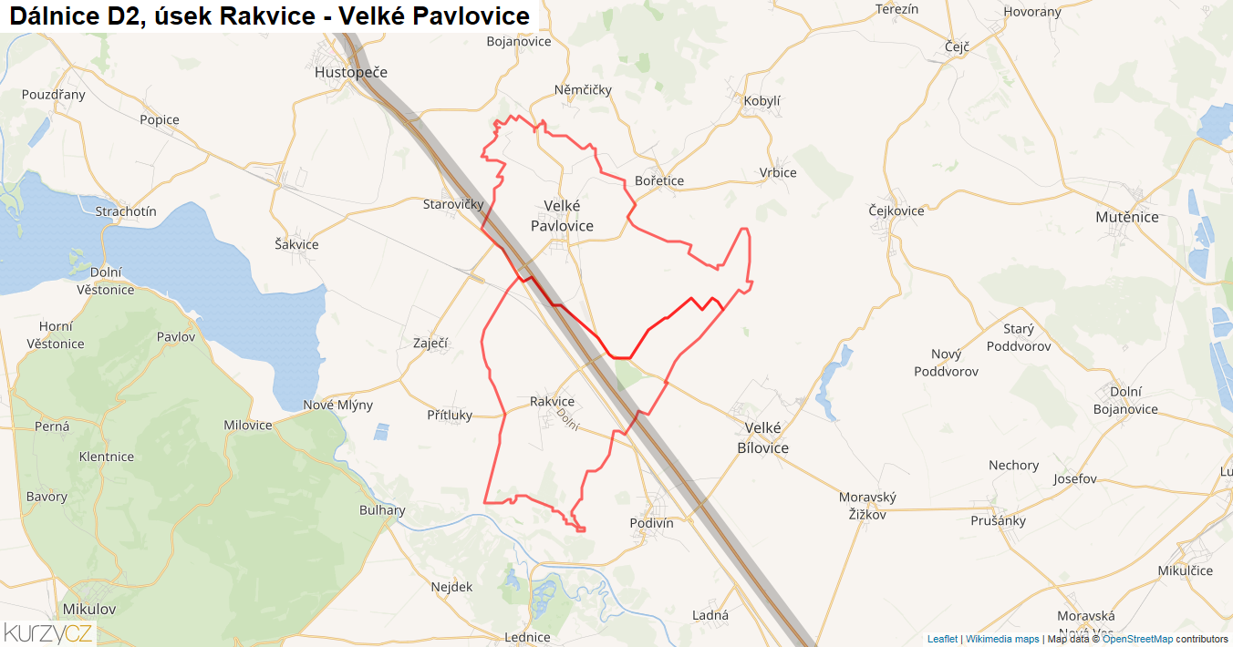 Úsek Rakvice - Velké Pavlovice, Dálnice D2 - Mapa