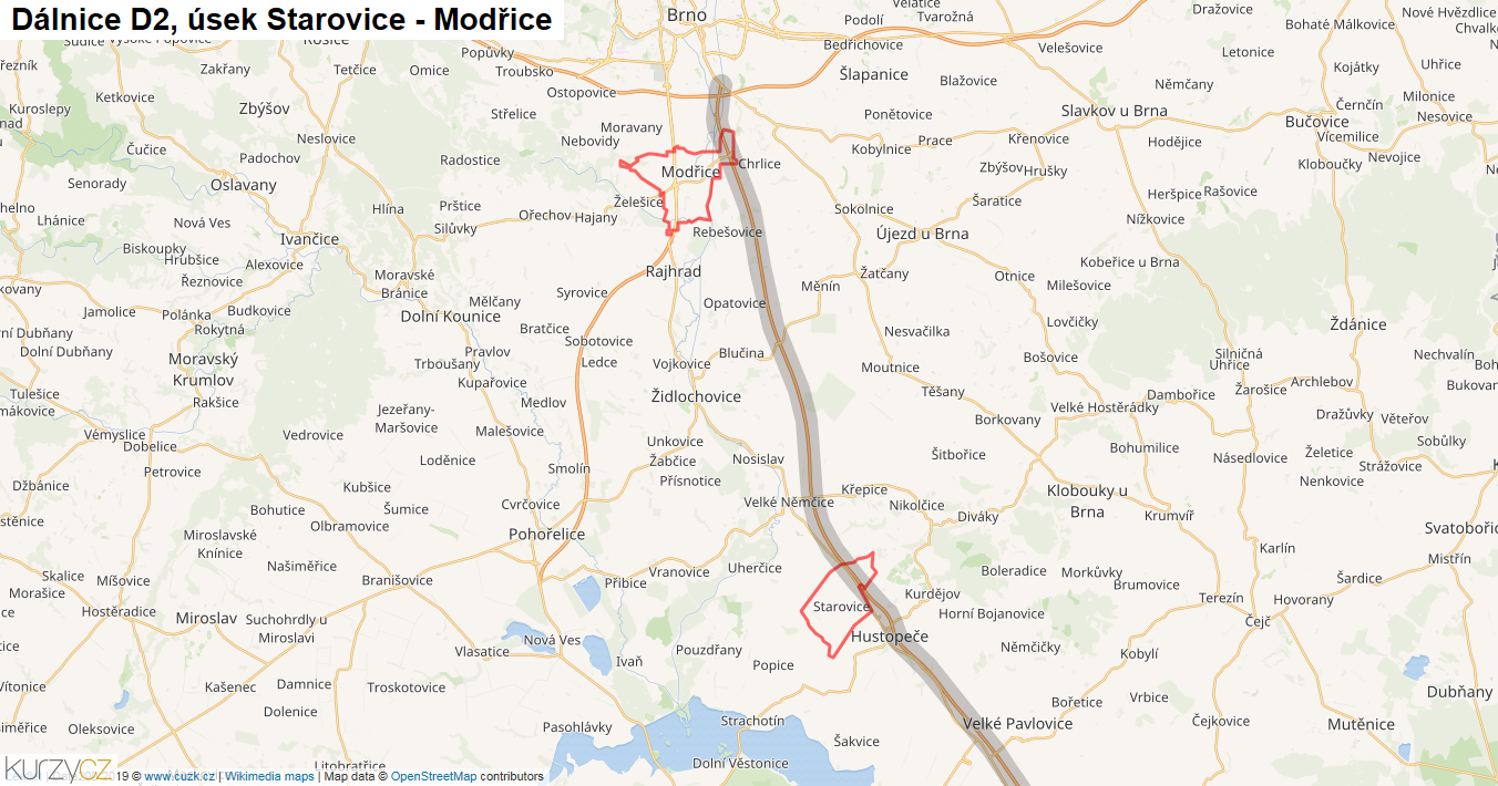 Úsek Starovice - Modřice, Dálnice D2 - Mapa