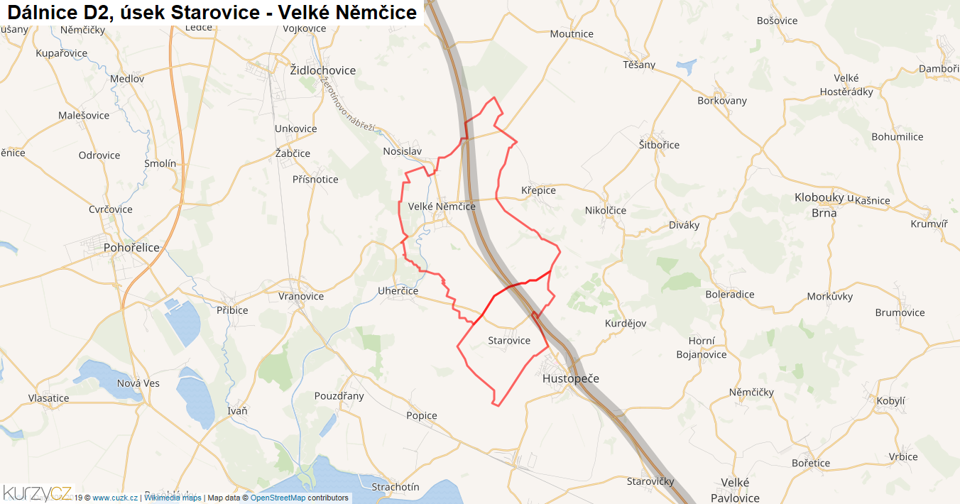 Úsek Starovice - Velké Němčice, Dálnice D2 - Mapa