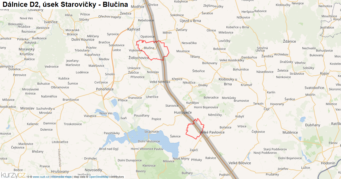 Úsek Starovičky - Blučina, Dálnice D2 - Mapa