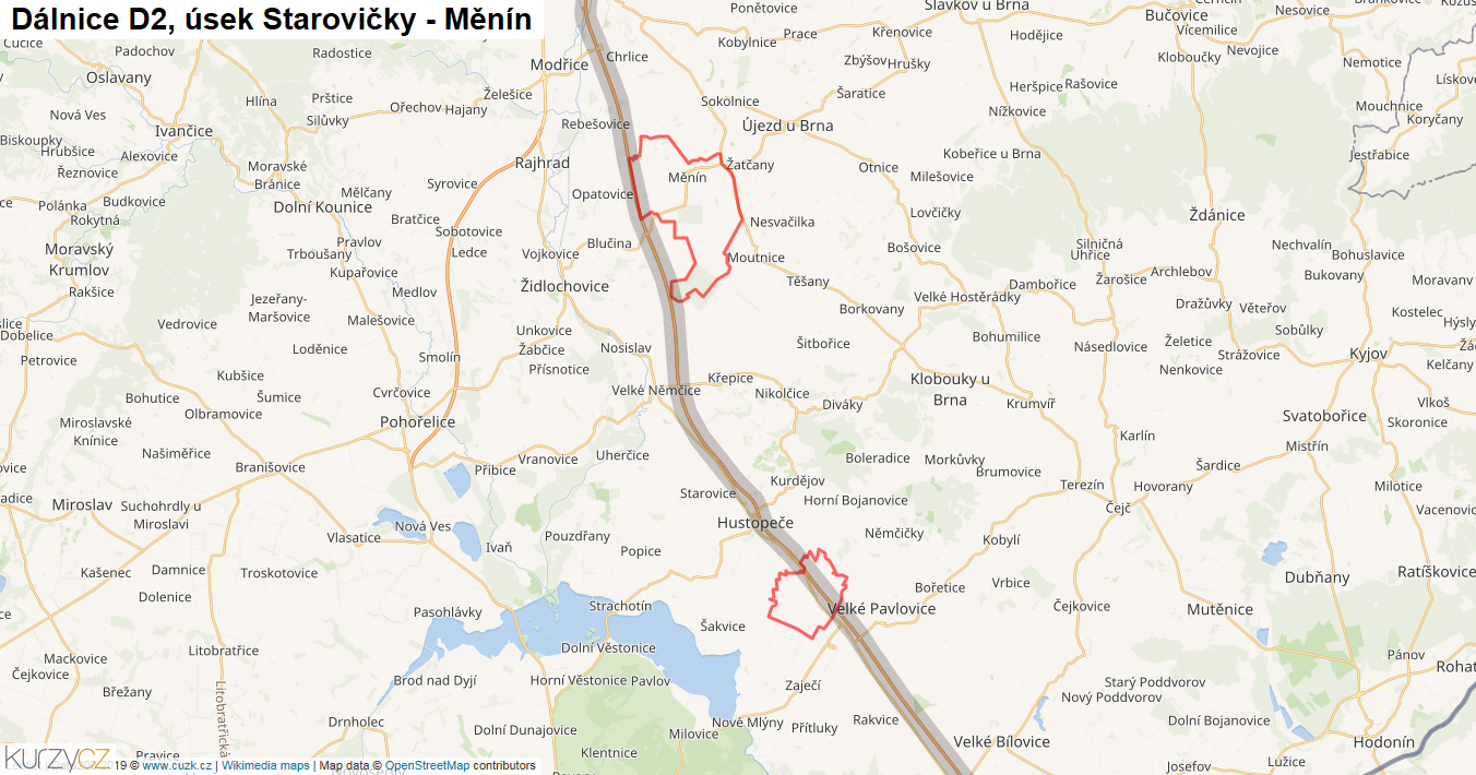 Úsek Starovičky - Měnín, Dálnice D2 - Mapa