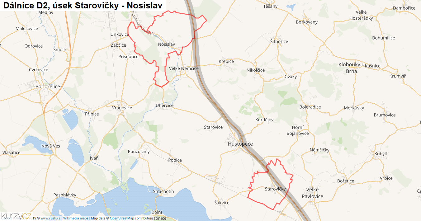 Úsek Starovičky - Nosislav, Dálnice D2 - Mapa