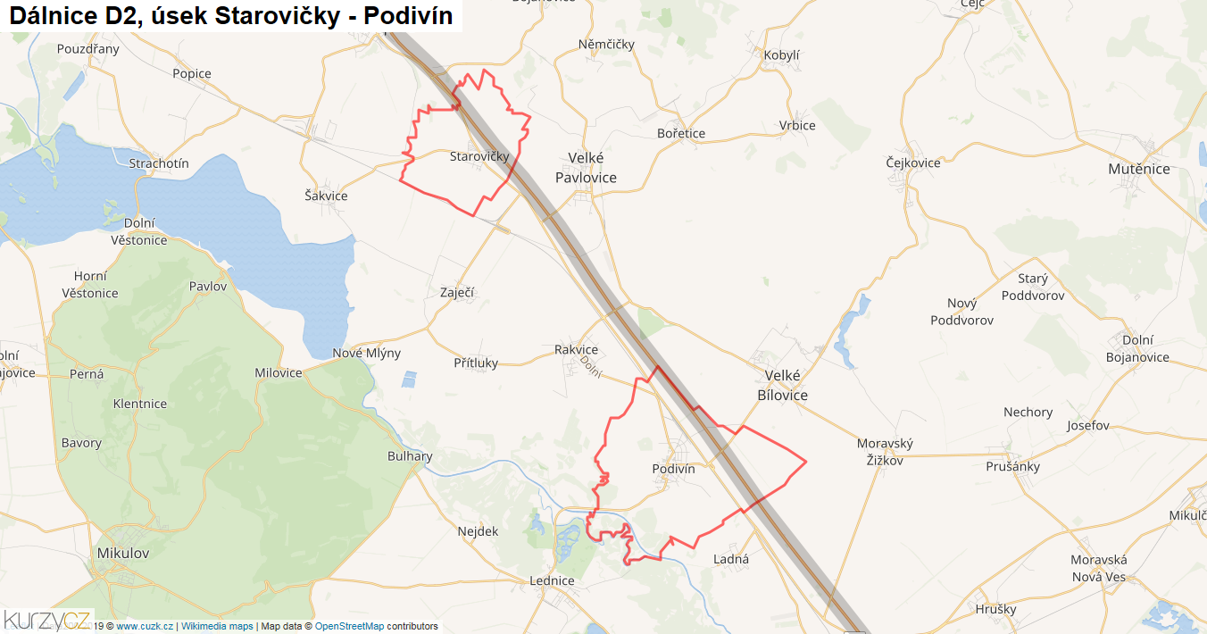 Úsek Starovičky - Podivín, Dálnice D2 - Mapa
