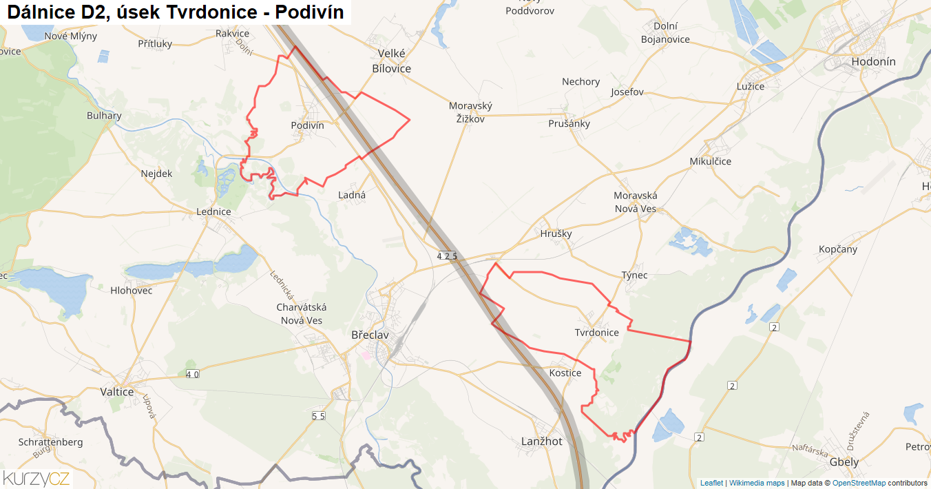 Úsek Tvrdonice - Podivín, Dálnice D2 - Mapa