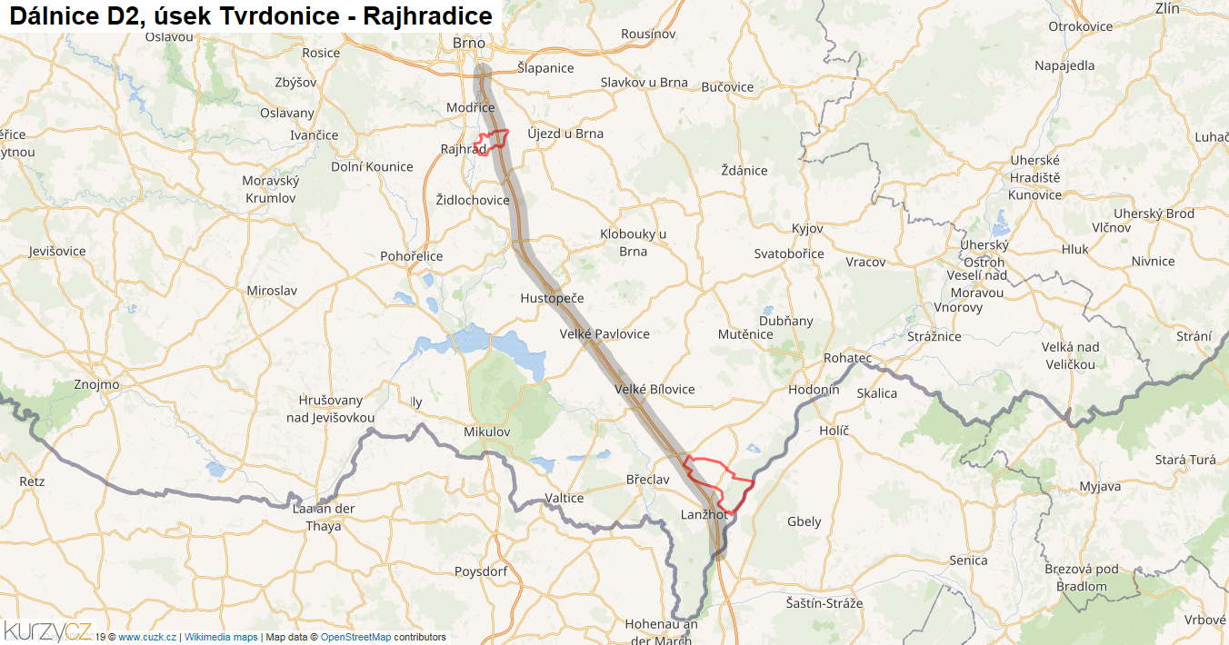 Úsek Tvrdonice - Rajhradice, Dálnice D2 - Mapa