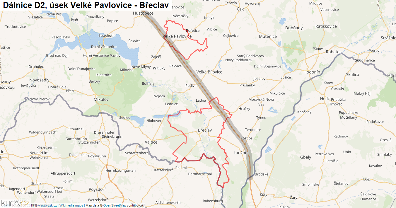 Úsek Velké Pavlovice - Břeclav, Dálnice D2 - Mapa