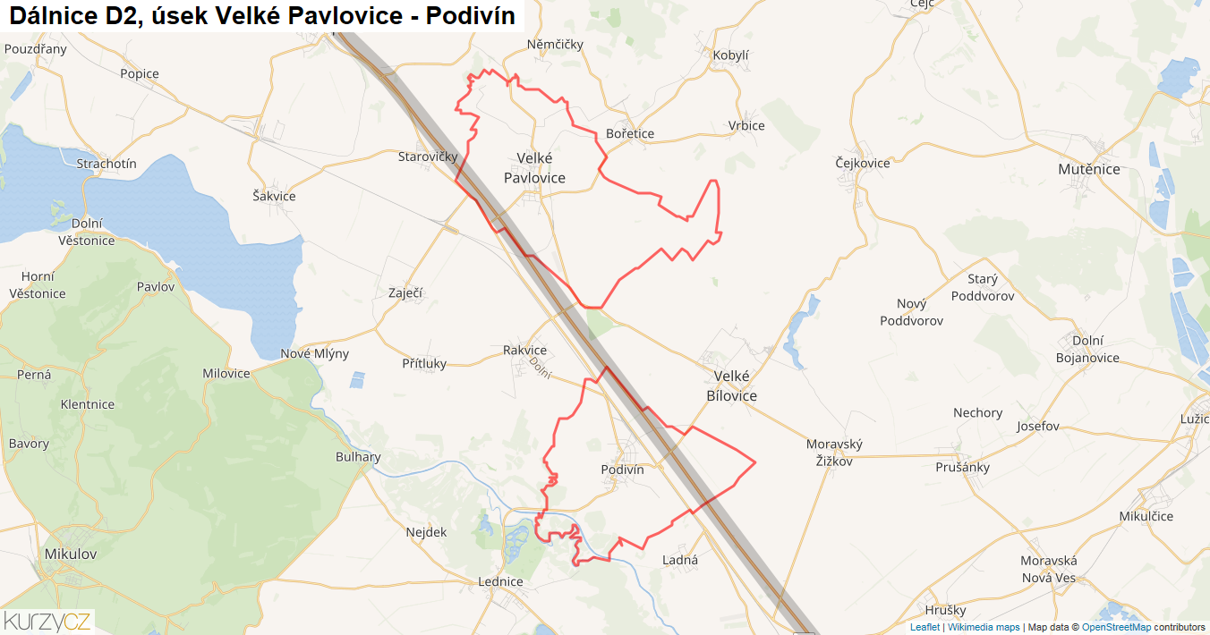 Úsek Velké Pavlovice - Podivín, Dálnice D2 - Mapa