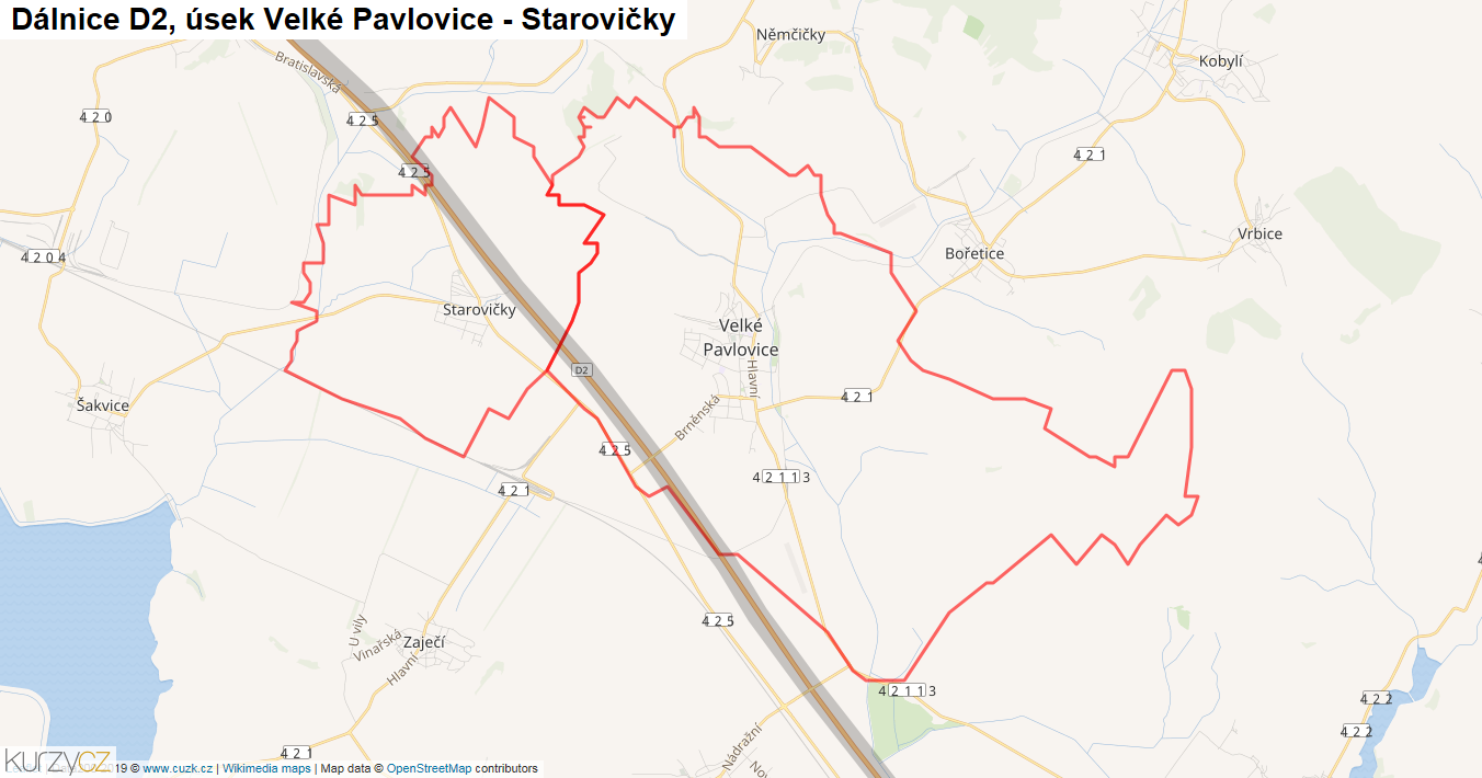 Úsek Velké Pavlovice - Starovičky, Dálnice D2 - Mapa