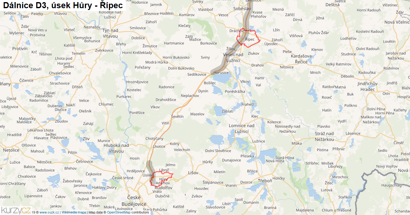 Úsek Hůry - Řípec, Dálnice D3 - Mapa