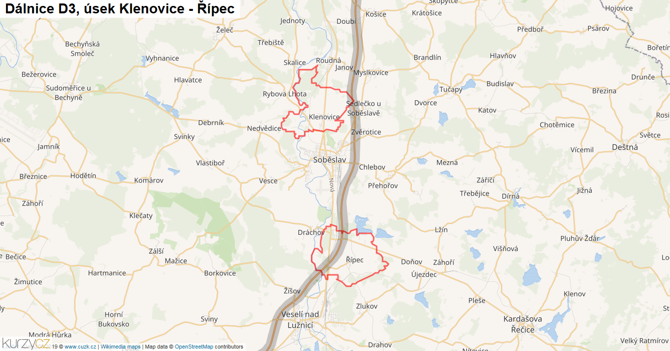Úsek Klenovice - Řípec, Dálnice D3 - Mapa