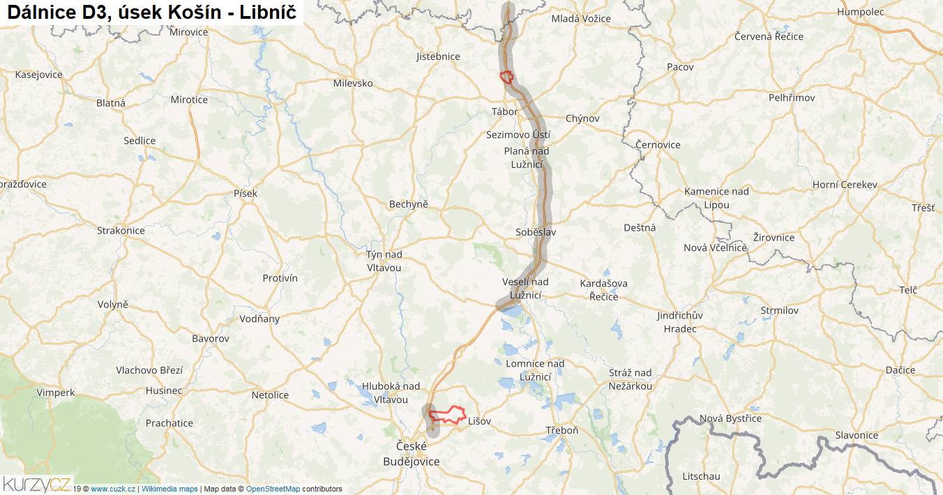 Úsek Košín - Libníč, Dálnice D3 - Mapa