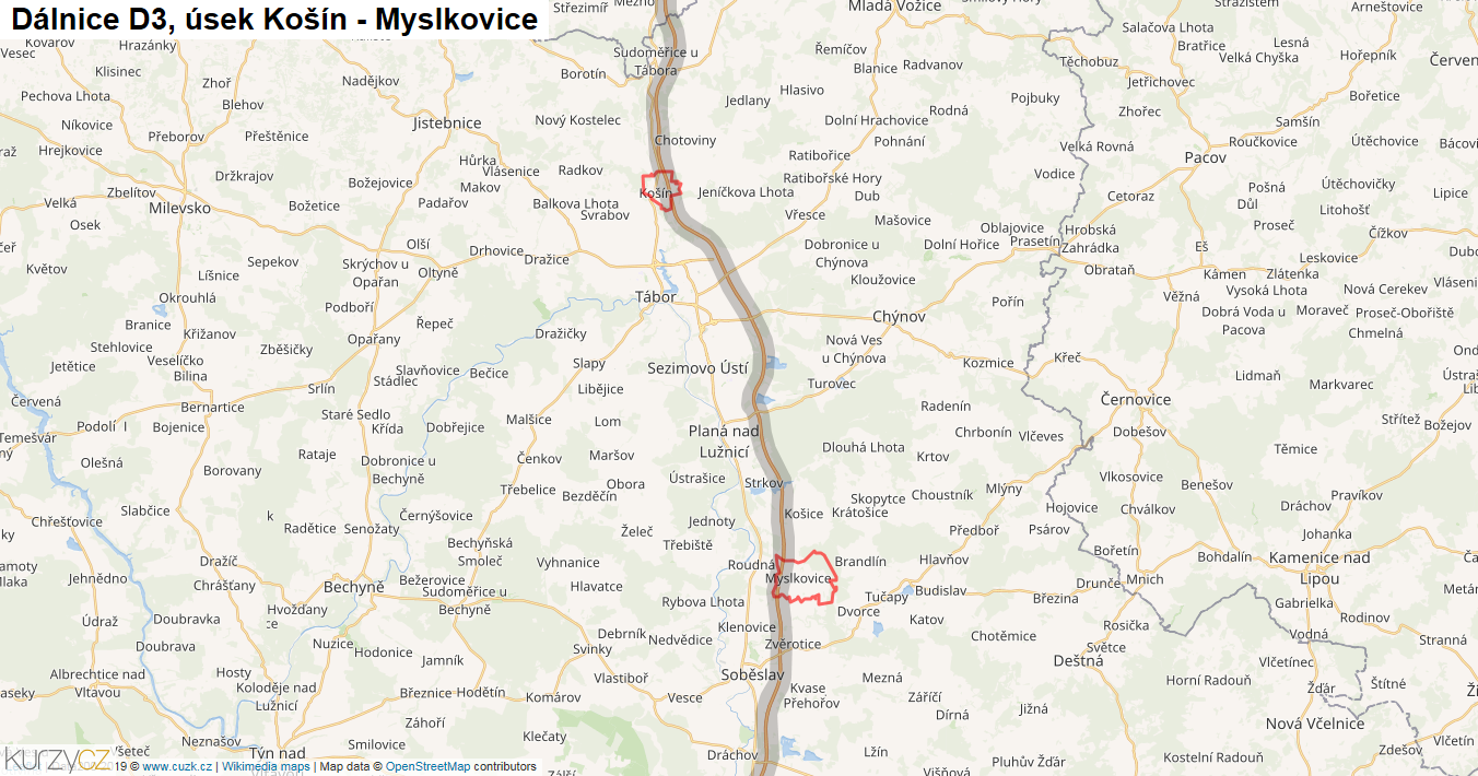 Úsek Košín - Myslkovice, Dálnice D3 - Mapa