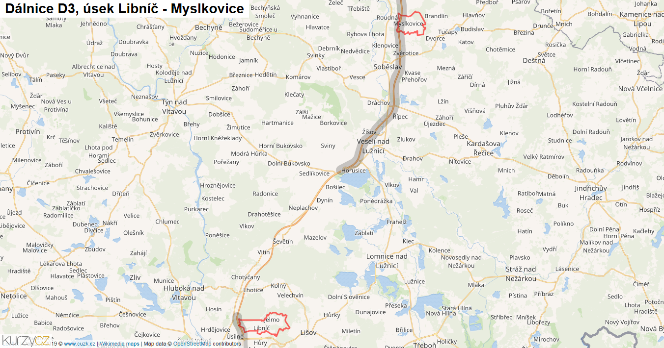 Úsek Libníč - Myslkovice, Dálnice D3 - Mapa