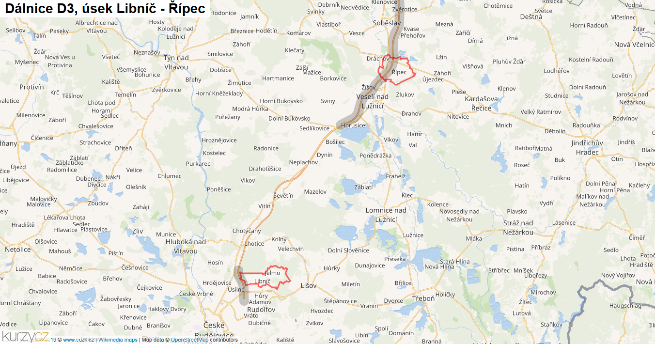 Úsek Libníč - Řípec, Dálnice D3 - Mapa