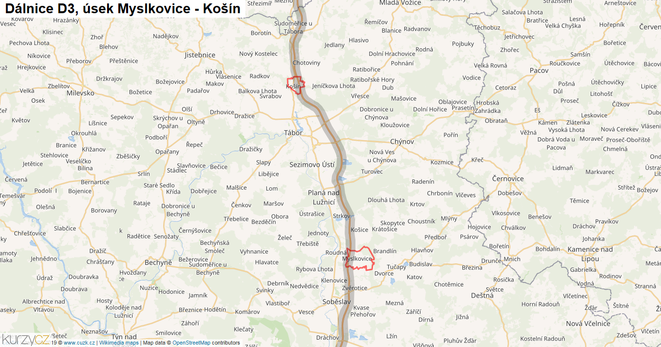 Úsek Myslkovice - Košín, Dálnice D3 - Mapa