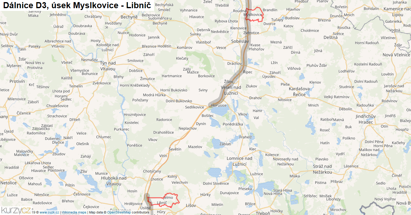 Úsek Myslkovice - Libníč, Dálnice D3 - Mapa