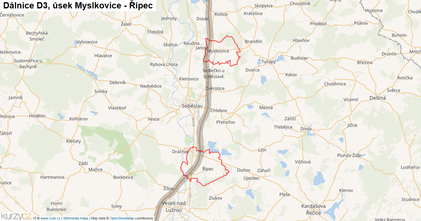 Úsek Myslkovice - Řípec, Dálnice D3 - Mapa