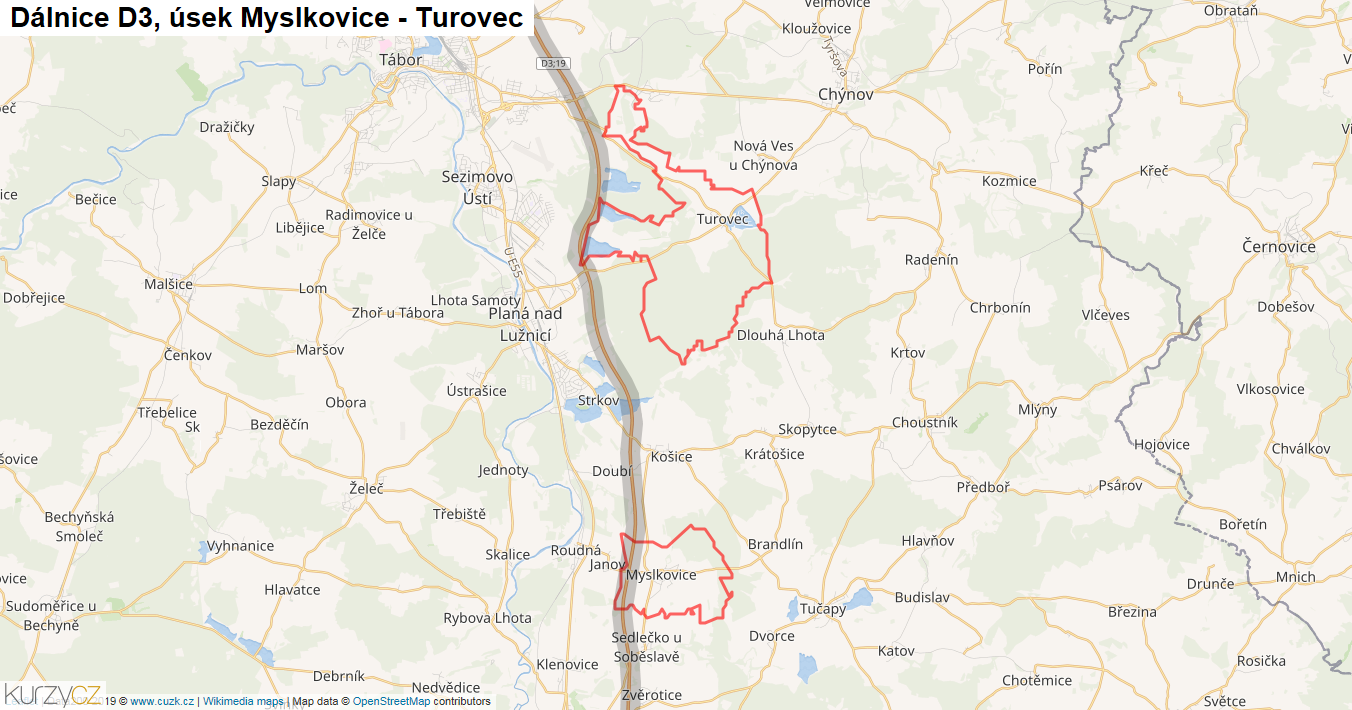 Úsek Myslkovice - Turovec, Dálnice D3 - Mapa