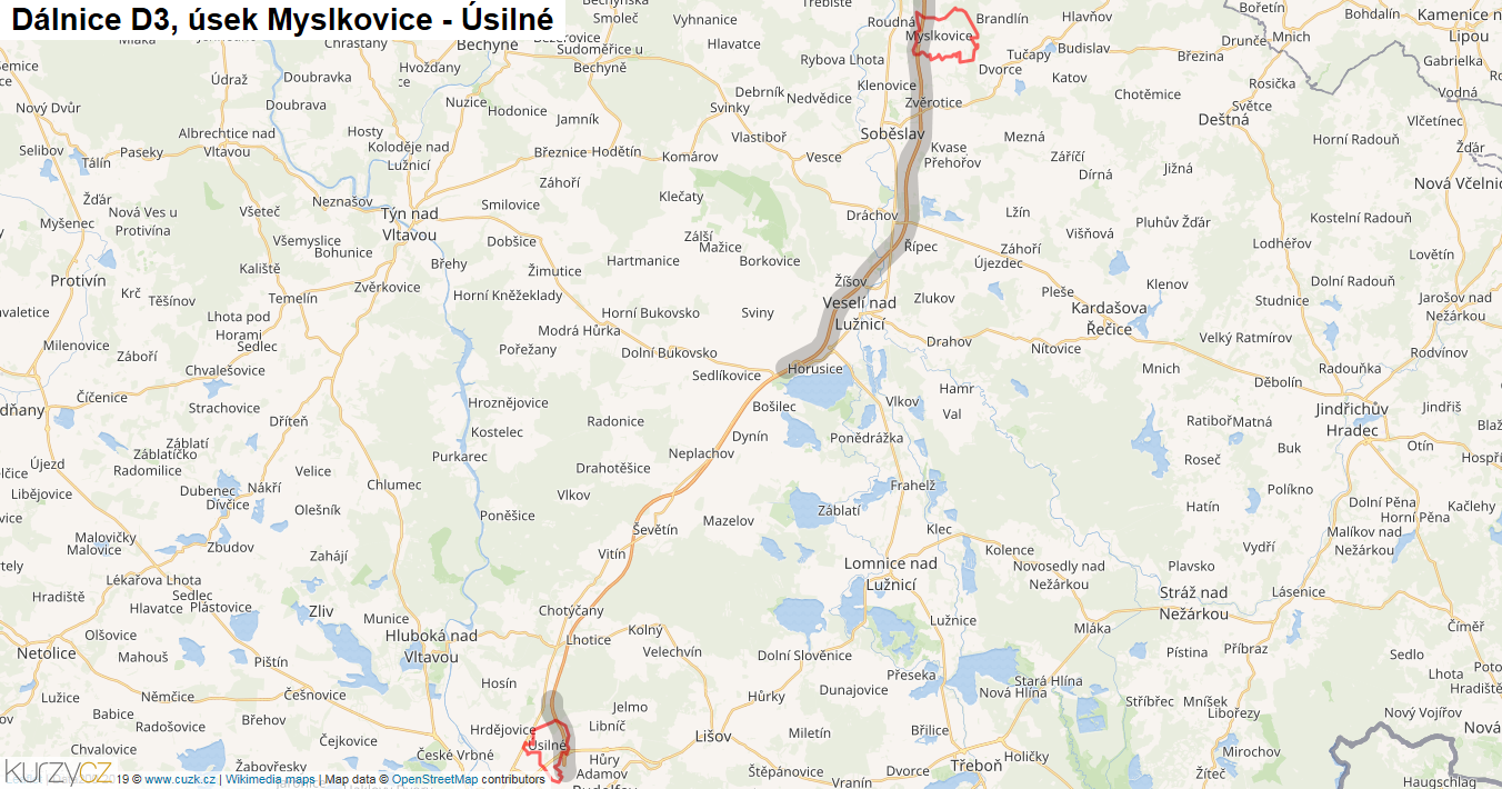 Úsek Myslkovice - Úsilné, Dálnice D3 - Mapa