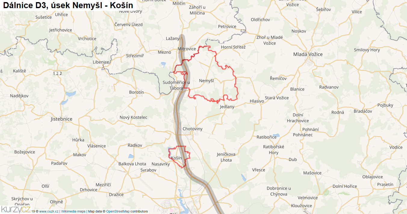 Úsek Nemyšl - Košín, Dálnice D3 - Mapa