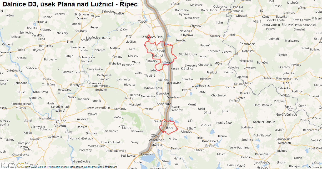 Úsek Planá nad Lužnicí - Řípec, Dálnice D3 - Mapa