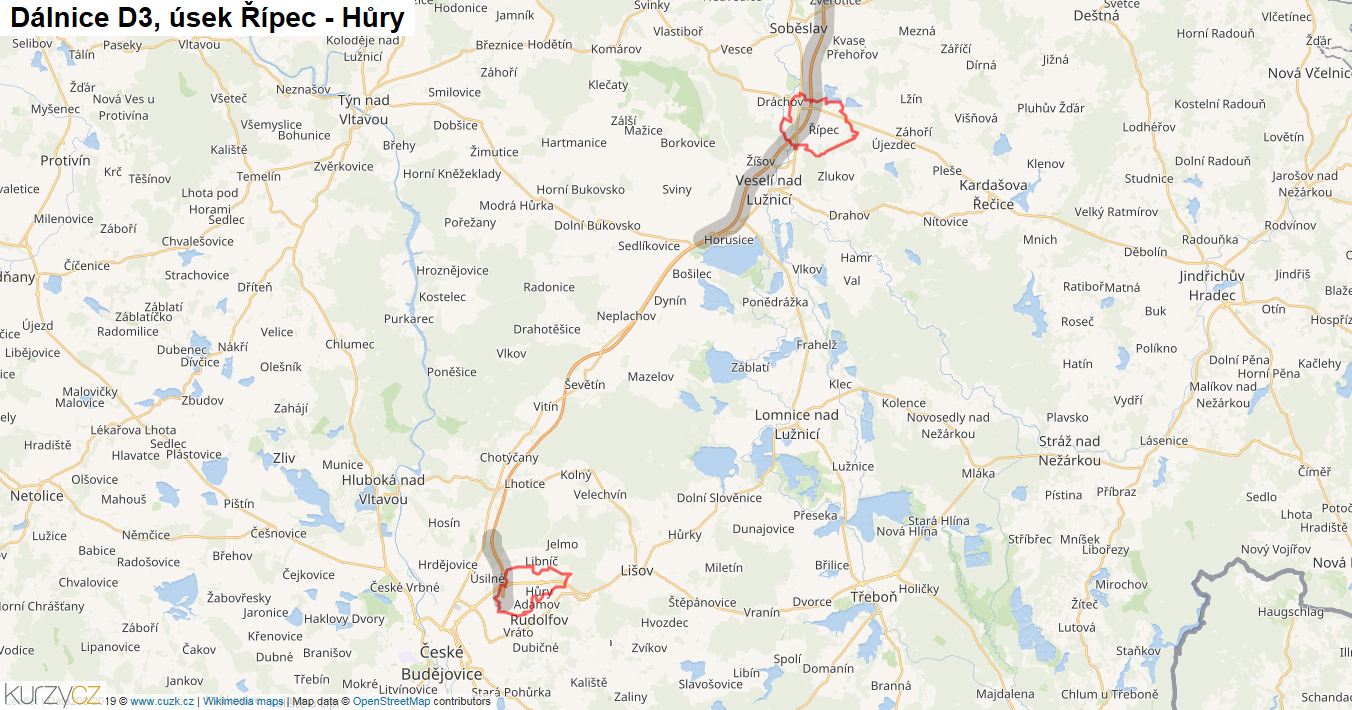 Úsek Řípec - Hůry, Dálnice D3 - Mapa