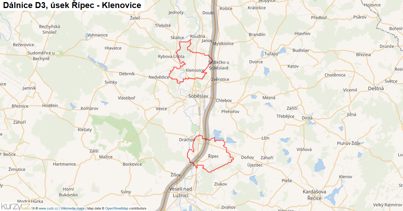 Úsek Řípec - Klenovice, Dálnice D3 - Mapa