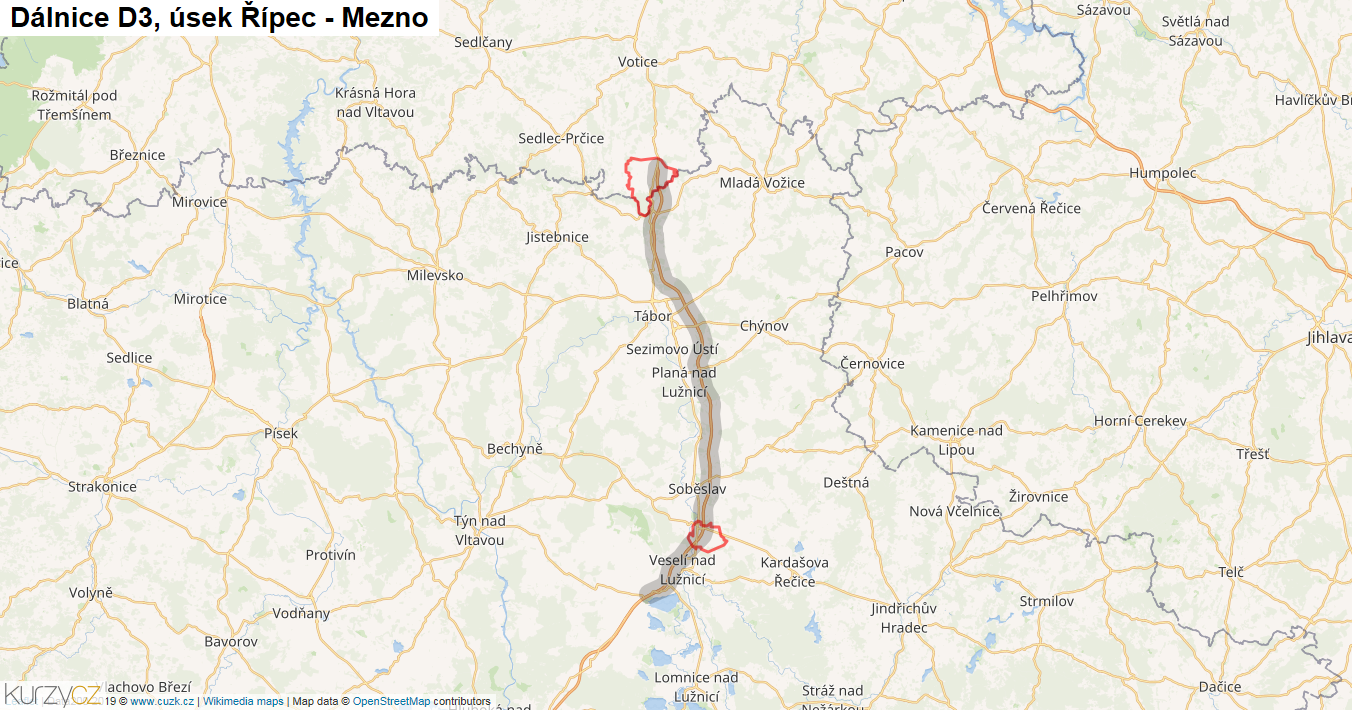 Úsek Řípec - Mezno, Dálnice D3 - Mapa