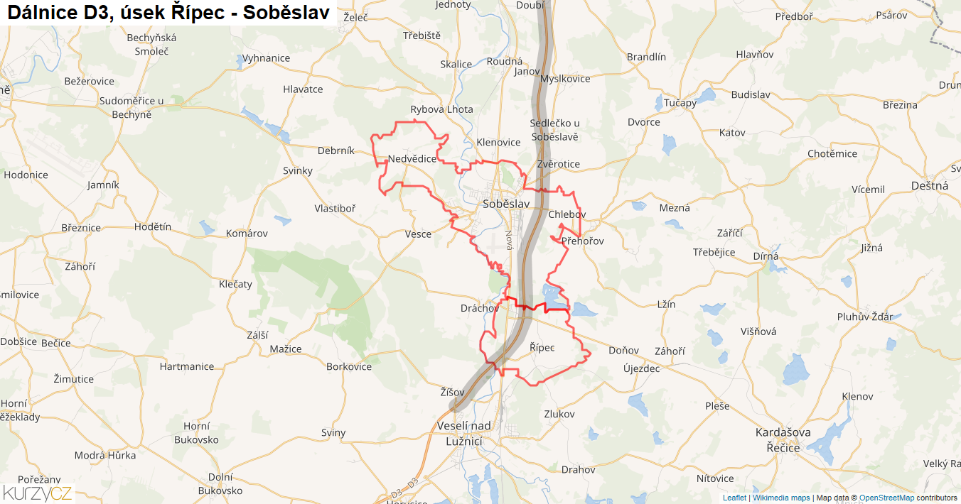Úsek Řípec - Soběslav, Dálnice D3 - Mapa