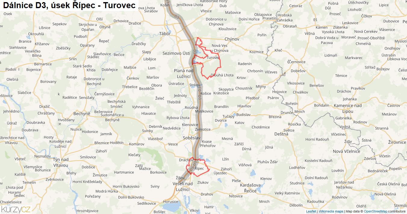 Úsek Řípec - Turovec, Dálnice D3 - Mapa