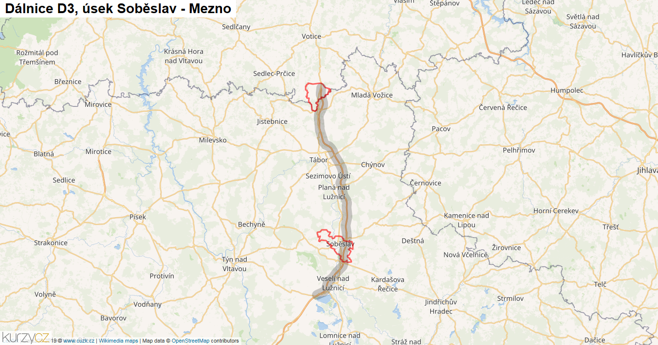 Úsek Soběslav - Mezno, Dálnice D3 - Mapa