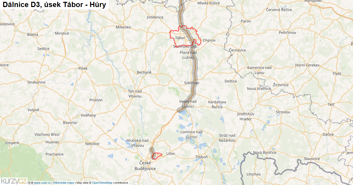 Úsek Tábor - Hůry, Dálnice D3 - Mapa