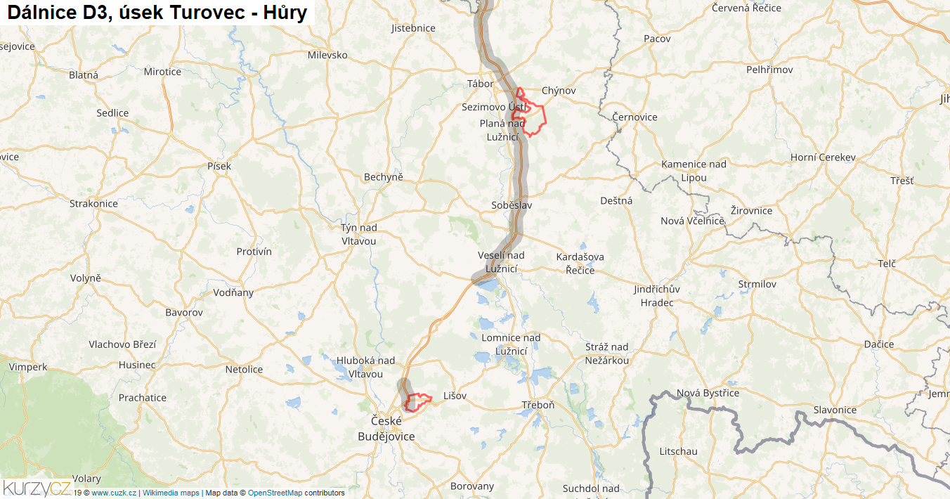 Úsek Turovec - Hůry, Dálnice D3 - Mapa