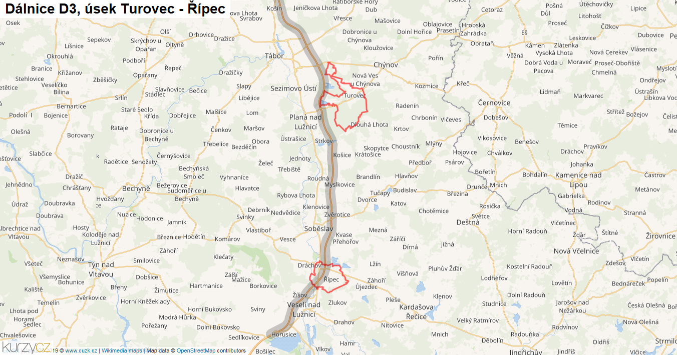 Úsek Turovec - Řípec, Dálnice D3 - Mapa