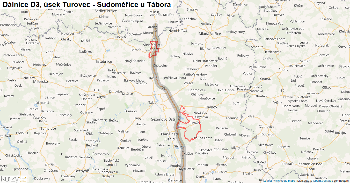 Úsek Turovec - Sudoměřice u Tábora, Dálnice D3 - Mapa