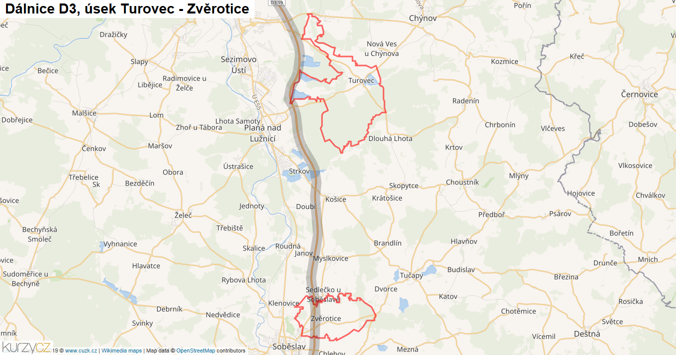 Úsek Turovec - Zvěrotice, Dálnice D3 - Mapa