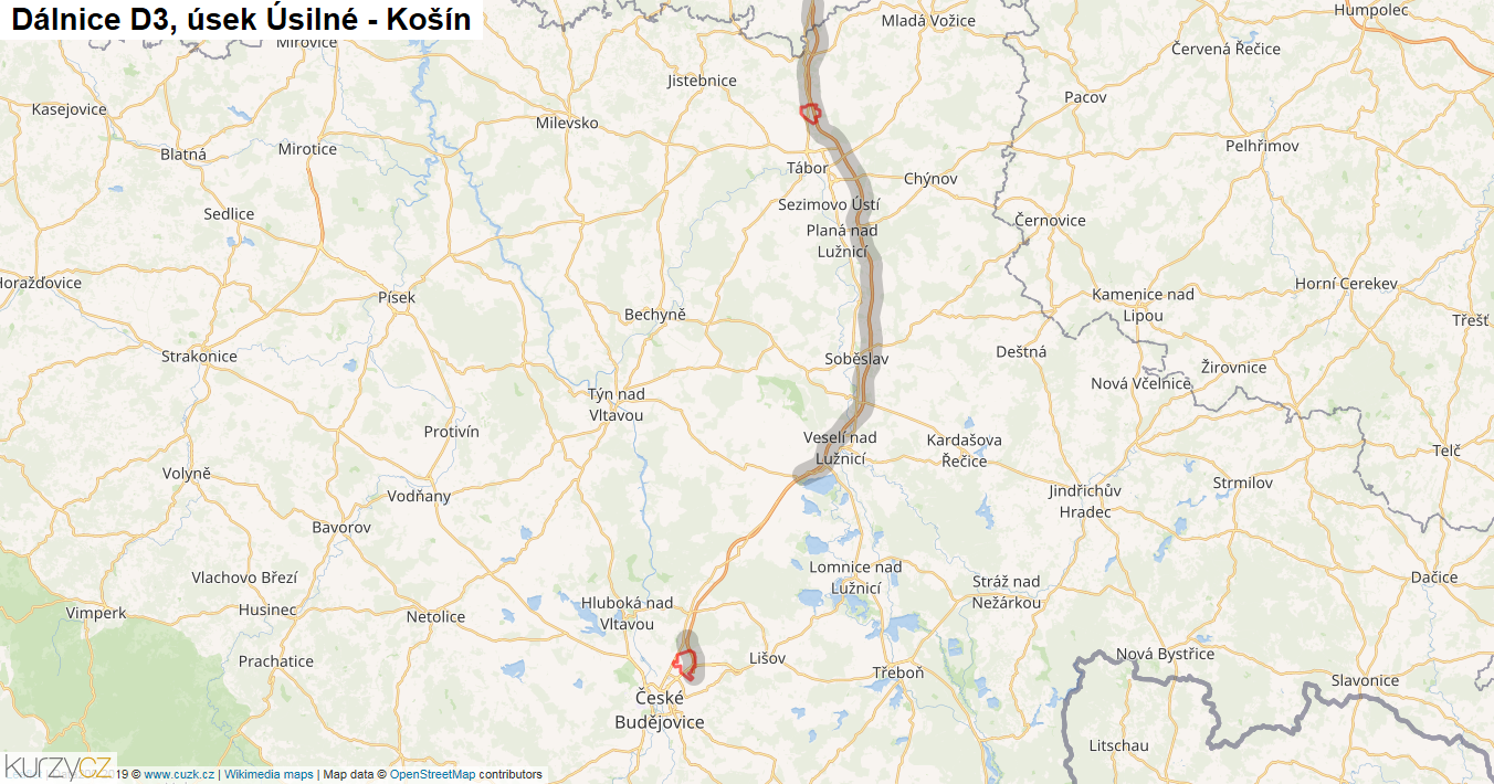 Úsek Úsilné - Košín, Dálnice D3 - Mapa