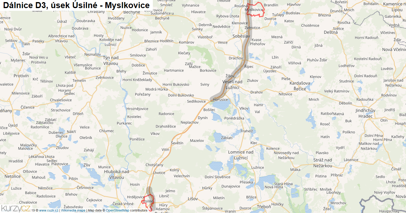 Úsek Úsilné - Myslkovice, Dálnice D3 - Mapa